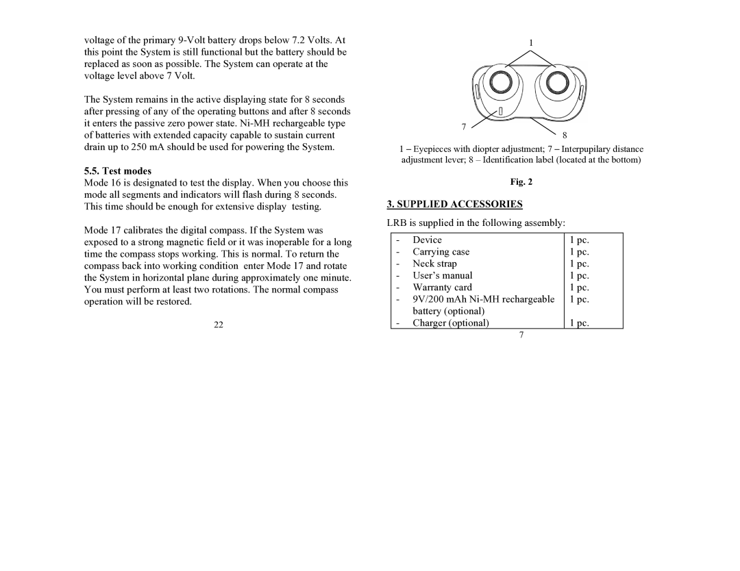 Newcon Optik LRB 3000 PRO operation manual Test modes, Supplied Accessories 