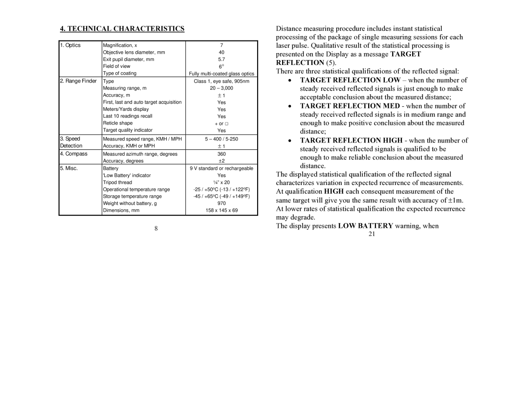 Newcon Optik LRB 3000 PRO operation manual Technical Characteristics, Optics 