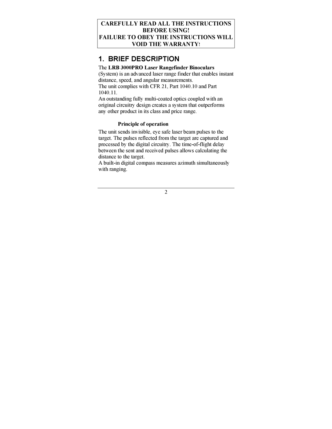 Newcon Optik LRB 3000PRO operation manual Brief Description, Principle of operation 