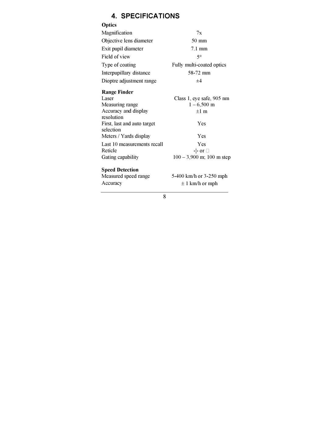 Newcon Optik LRB 6000CI operation manual Specifications, Optics, Range Finder, Or ⁯, Speed Detection 