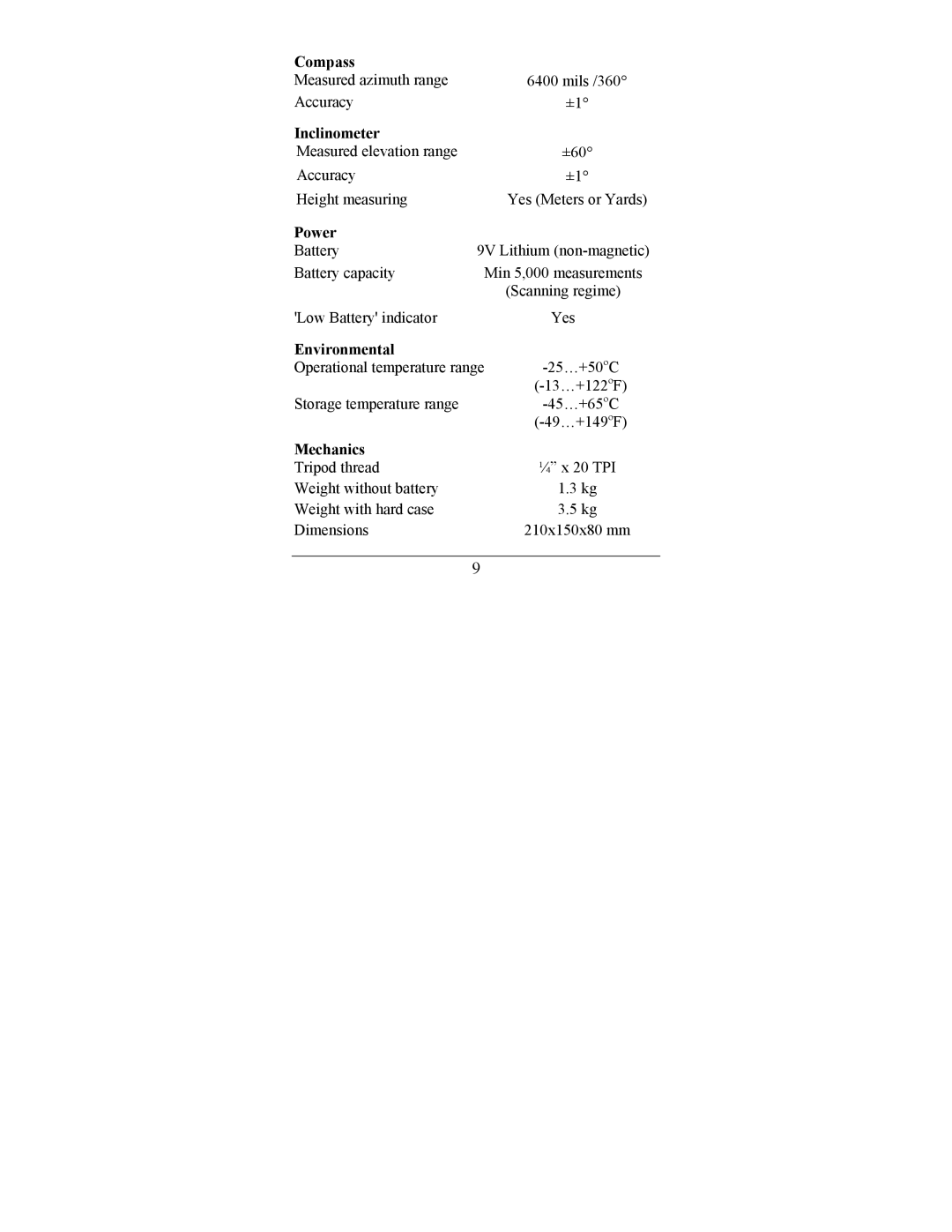 Newcon Optik LRB 6000CI operation manual Compass, Inclinometer, Power, Environmental, Mechanics 