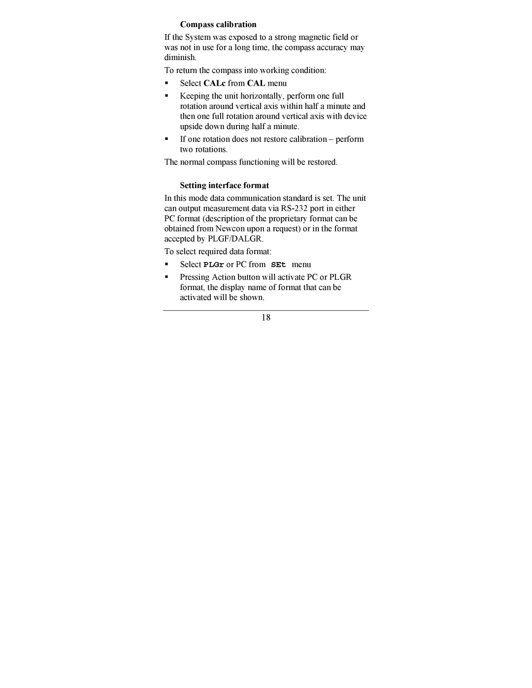 Newcon Optik LRB 6000CI operation manual Compass calibration, Setting interface format 