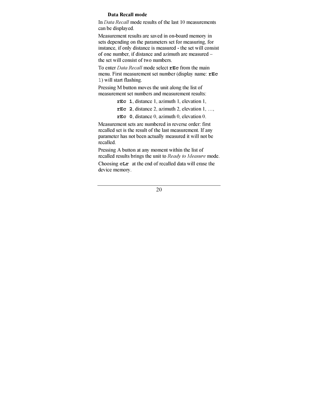 Newcon Optik LRB 6000CI operation manual Data Recall mode 