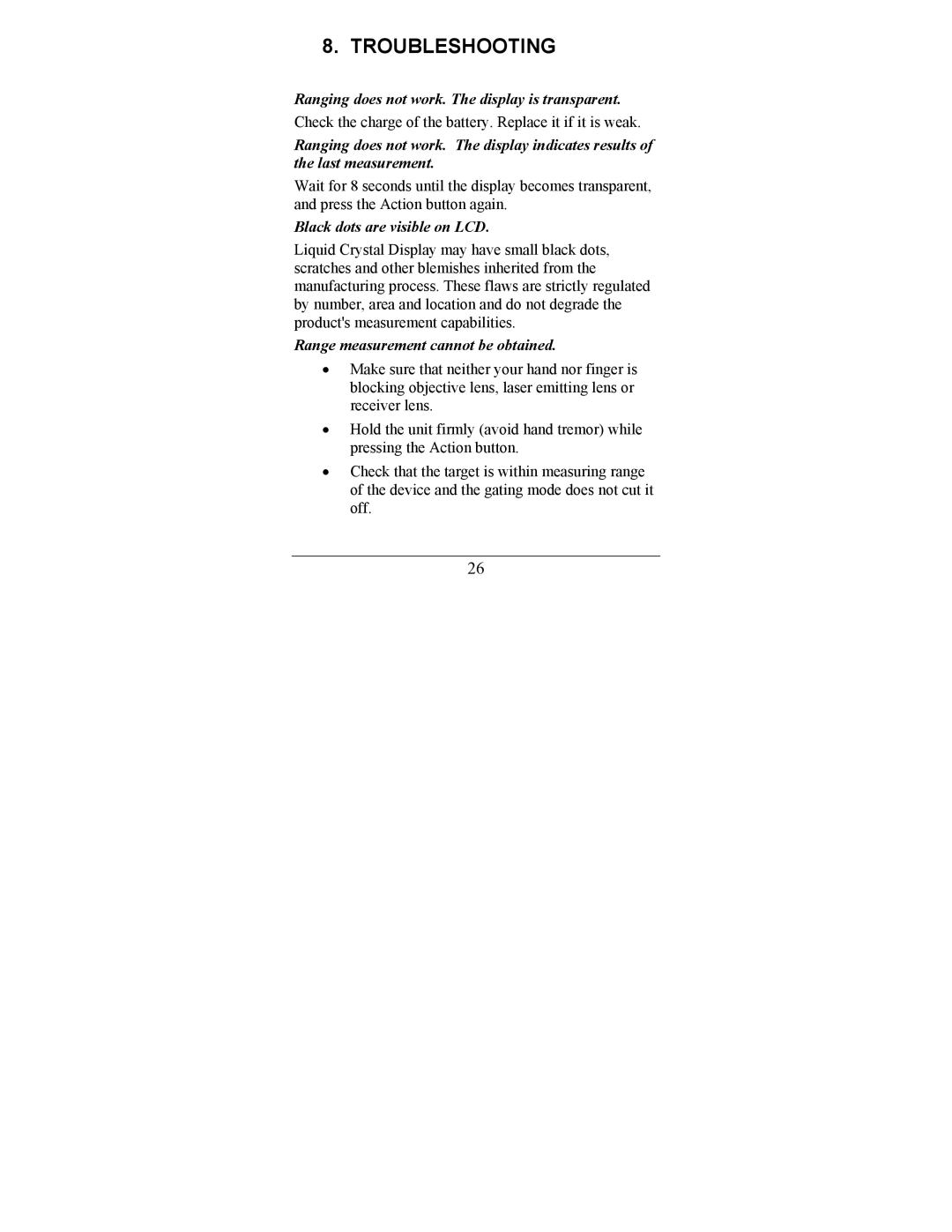 Newcon Optik LRB 6000CI operation manual Troubleshooting, Black dots are visible on LCD 