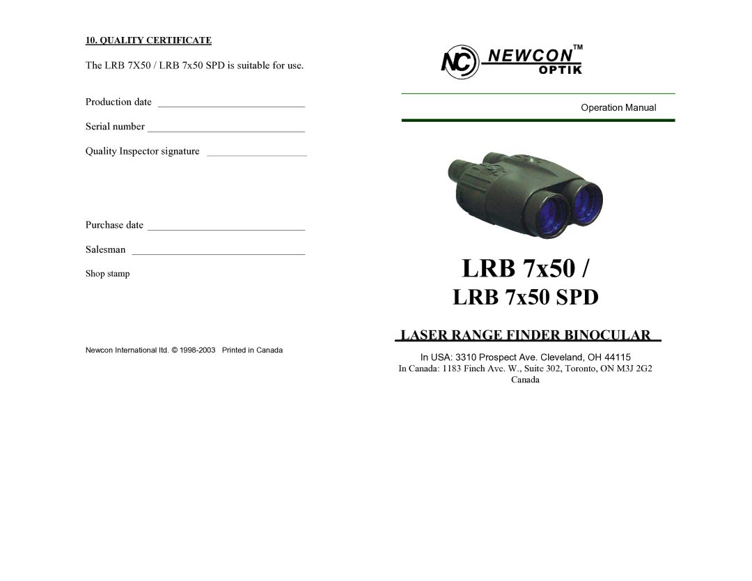 Newcon Optik LRB 7X50 operation manual Lrb 