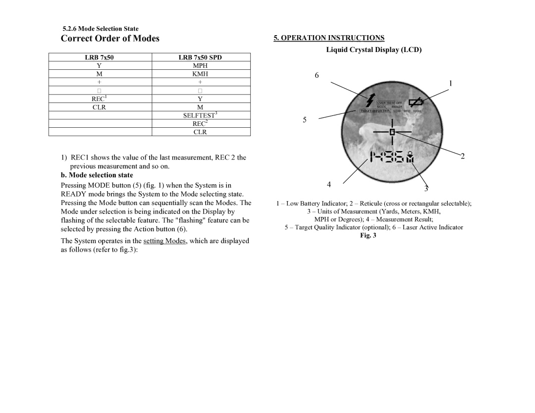 Newcon Optik LRB 7X50 SPD operation manual Mode selection state, Operation Instructions, Liquid Crystal Display LCD 