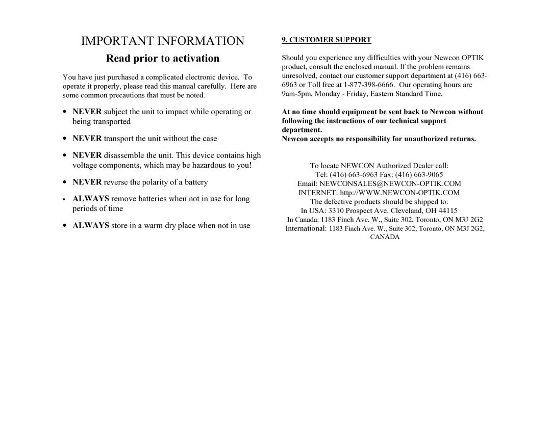 Newcon Optik LRB 7X50 operation manual Important Information, Customer Support 