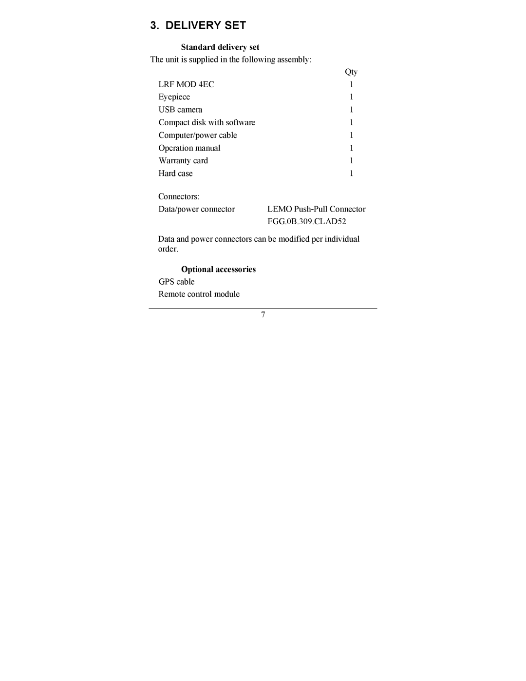 Newcon Optik LRF MOD 4EC operation manual Delivery SET, Standard delivery set, Optional accessories 