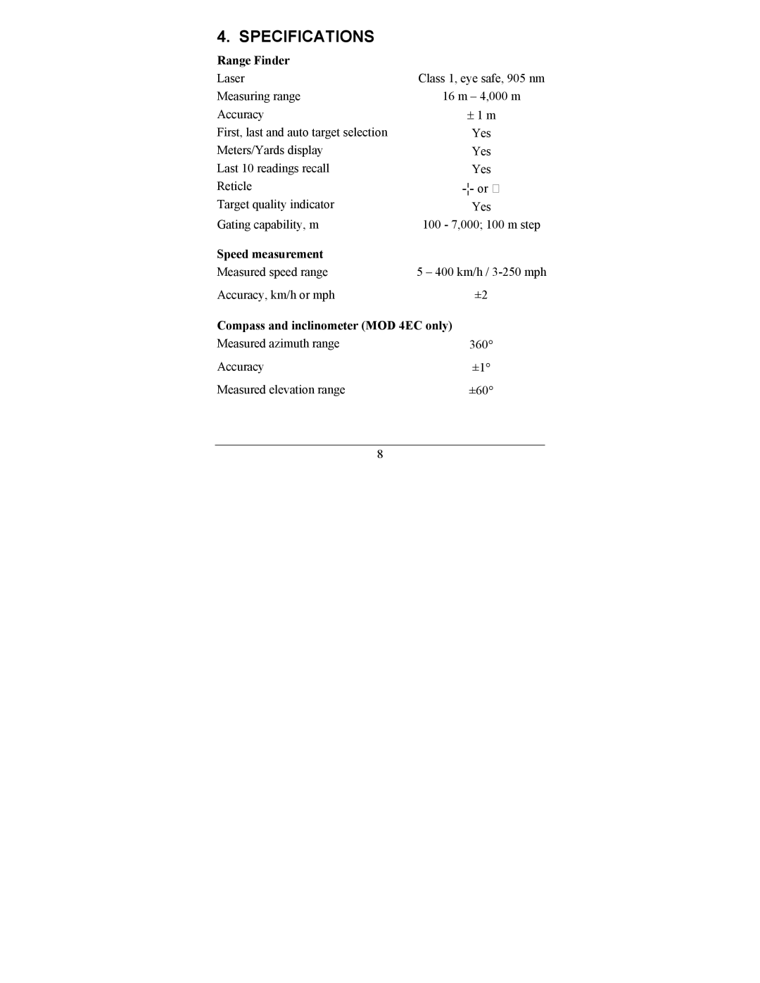 Newcon Optik LRF MOD 4EC Specifications, Range Finder, Speed measurement, Compass and inclinometer MOD 4EC only 