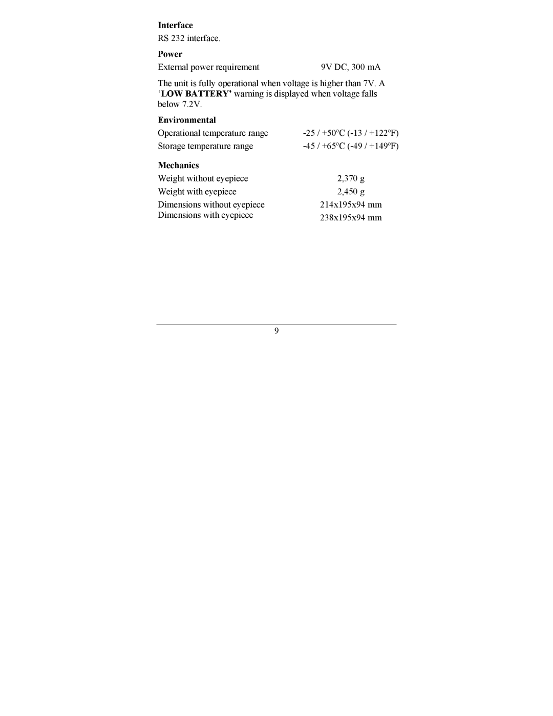 Newcon Optik LRF MOD 4EC operation manual Interface, Power, Environmental, Mechanics 