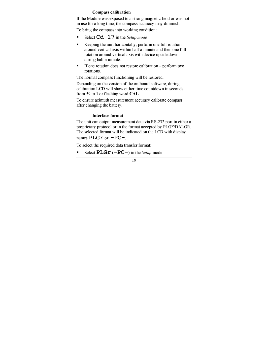 Newcon Optik LRF MOD 4EC operation manual Compass calibration, Interface format 