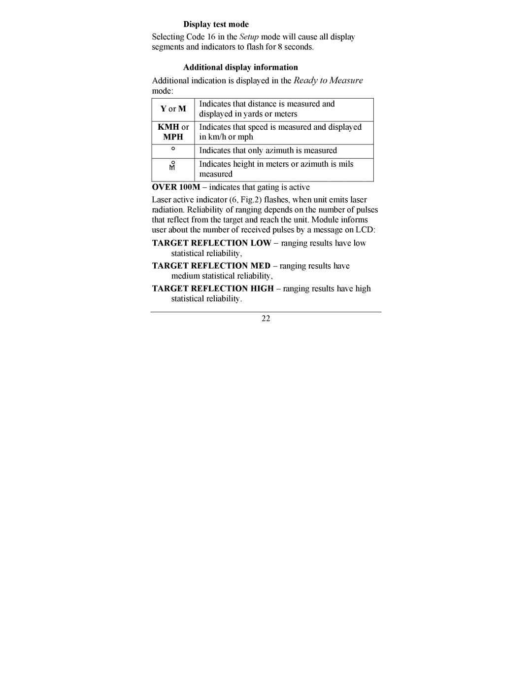 Newcon Optik LRF MOD 4EC operation manual Display test mode, Additional display information, Or M, KMH or 