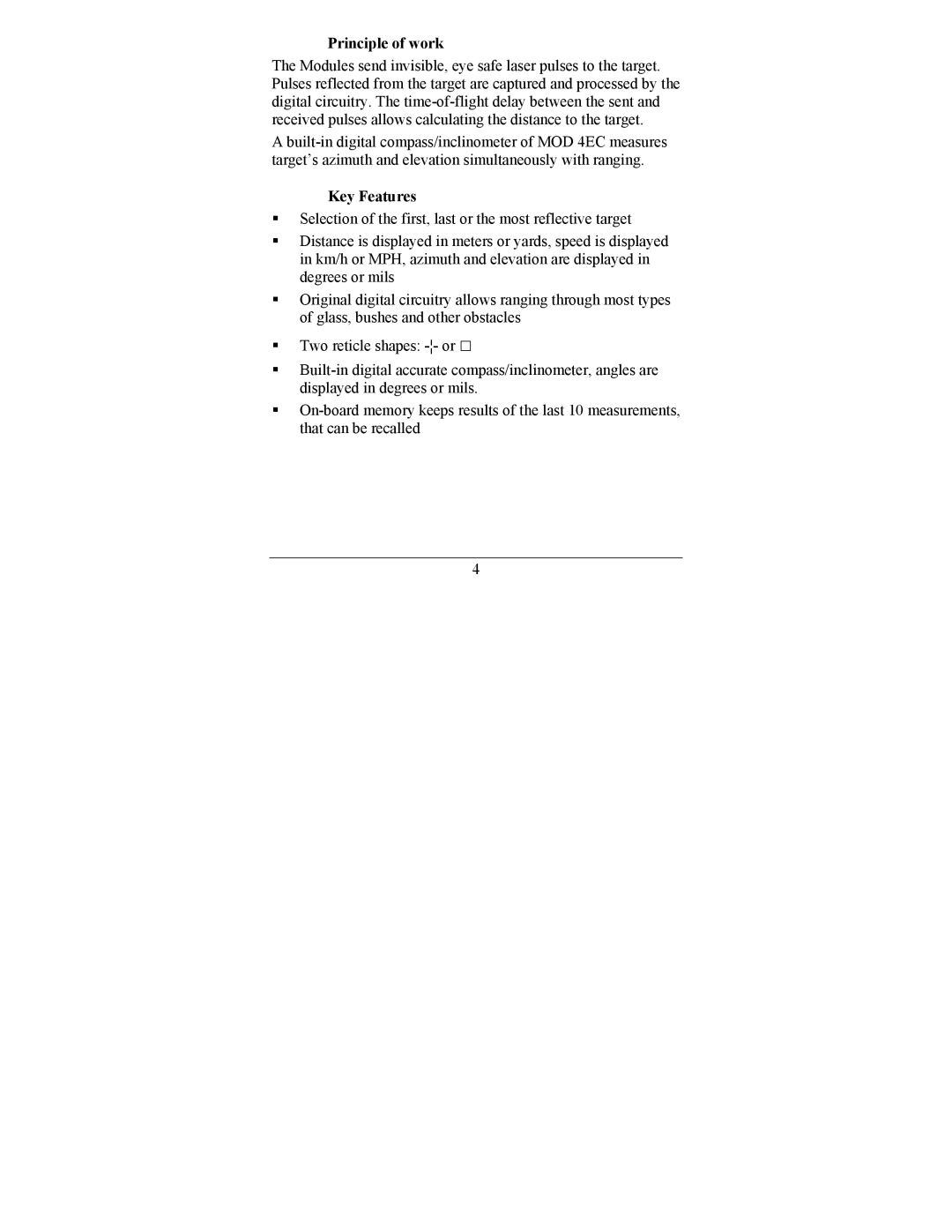 Newcon Optik LRF MOD 4EC operation manual Principle of work, Key Features 