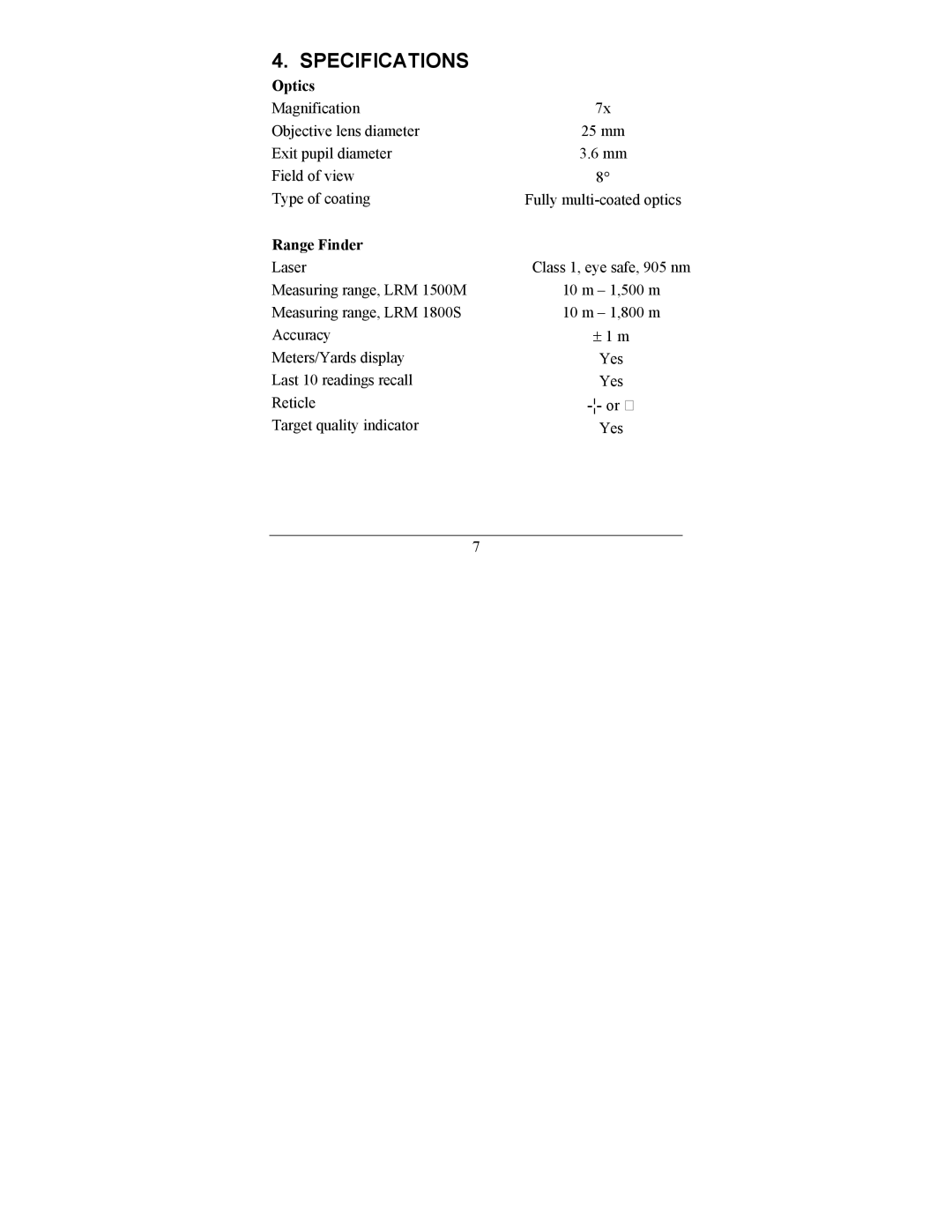 Newcon Optik LRM 1800S, LRM 1500M operation manual Specifications, Optics, Range Finder 