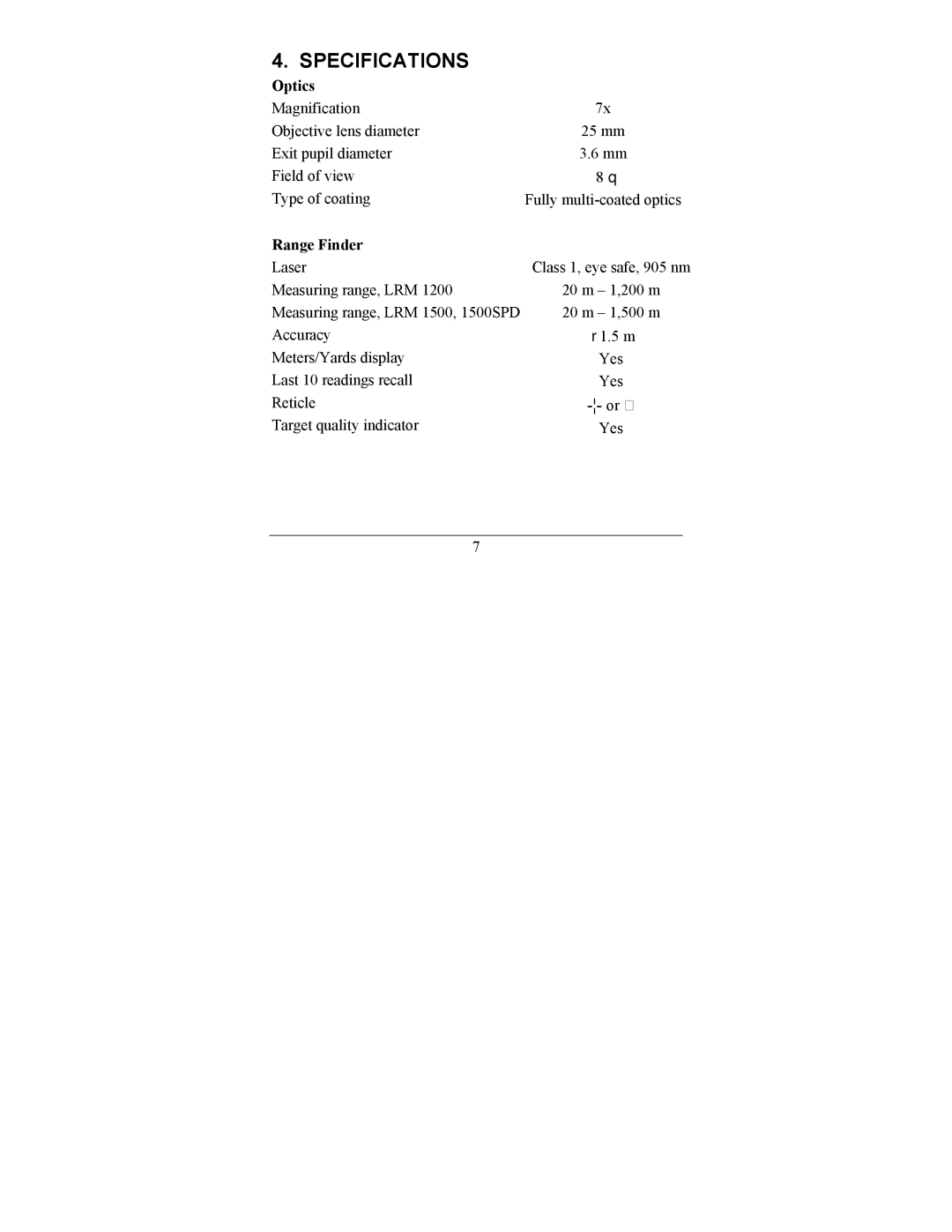 Newcon Optik LRM1200, LRM1500SPD operation manual Specifications, Optics, Range Finder 