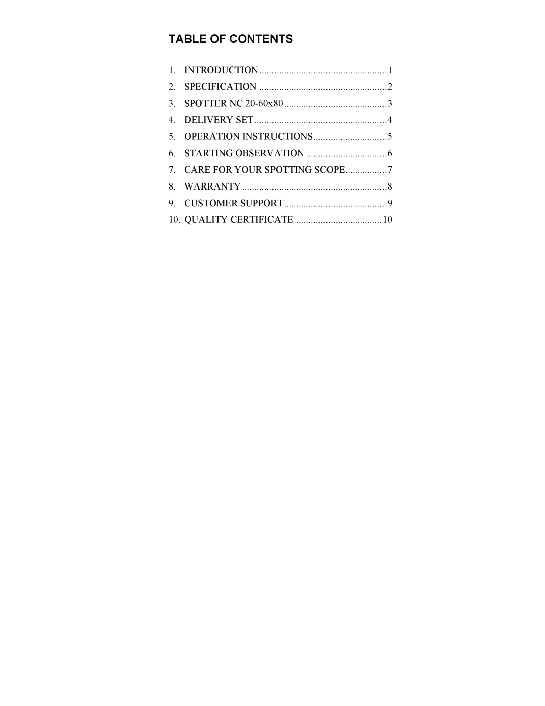 Newcon Optik NC 20-60X80 operation manual Table of Contents 