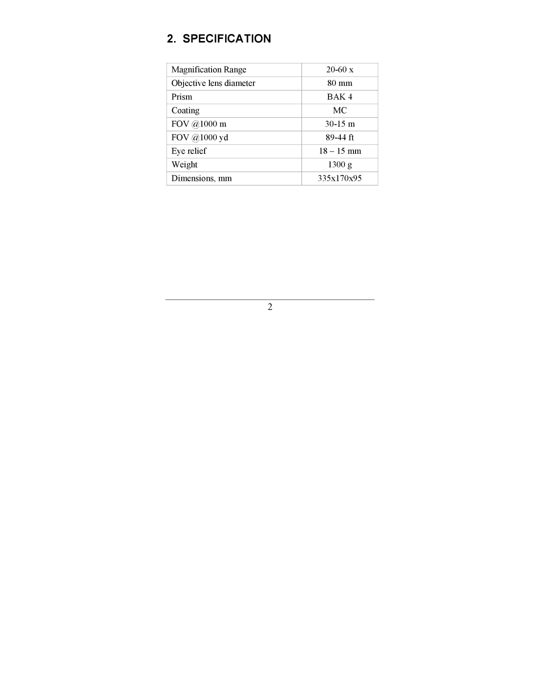 Newcon Optik NC 20-60X80 operation manual Specification, Bak 