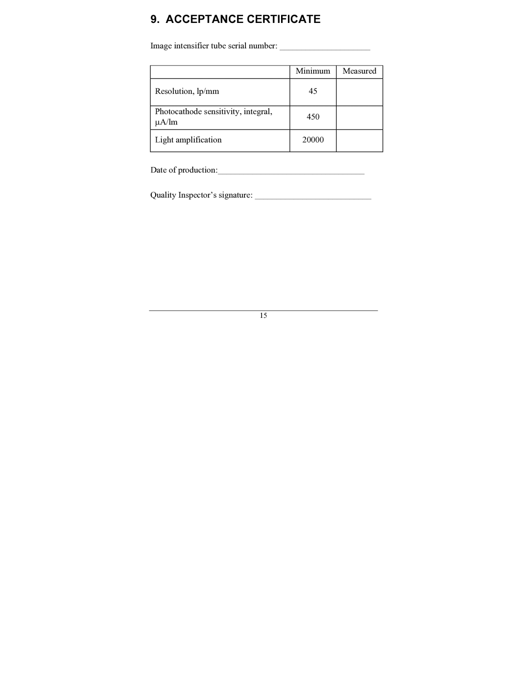 Newcon Optik NV66-G2-4x operation manual Acceptance Certificate 