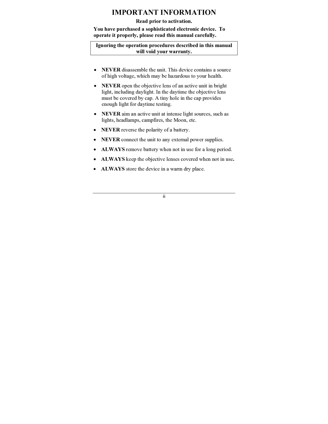 Newcon Optik NV66-G2-4x operation manual Important Information 