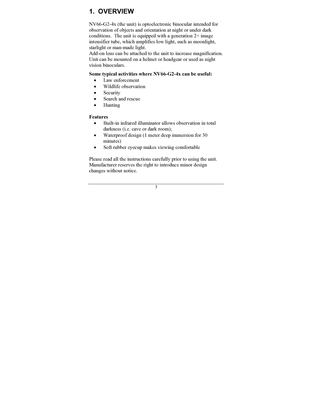 Newcon Optik operation manual Overview, Some typical activities where NV66-G2-4x can be useful, Features 