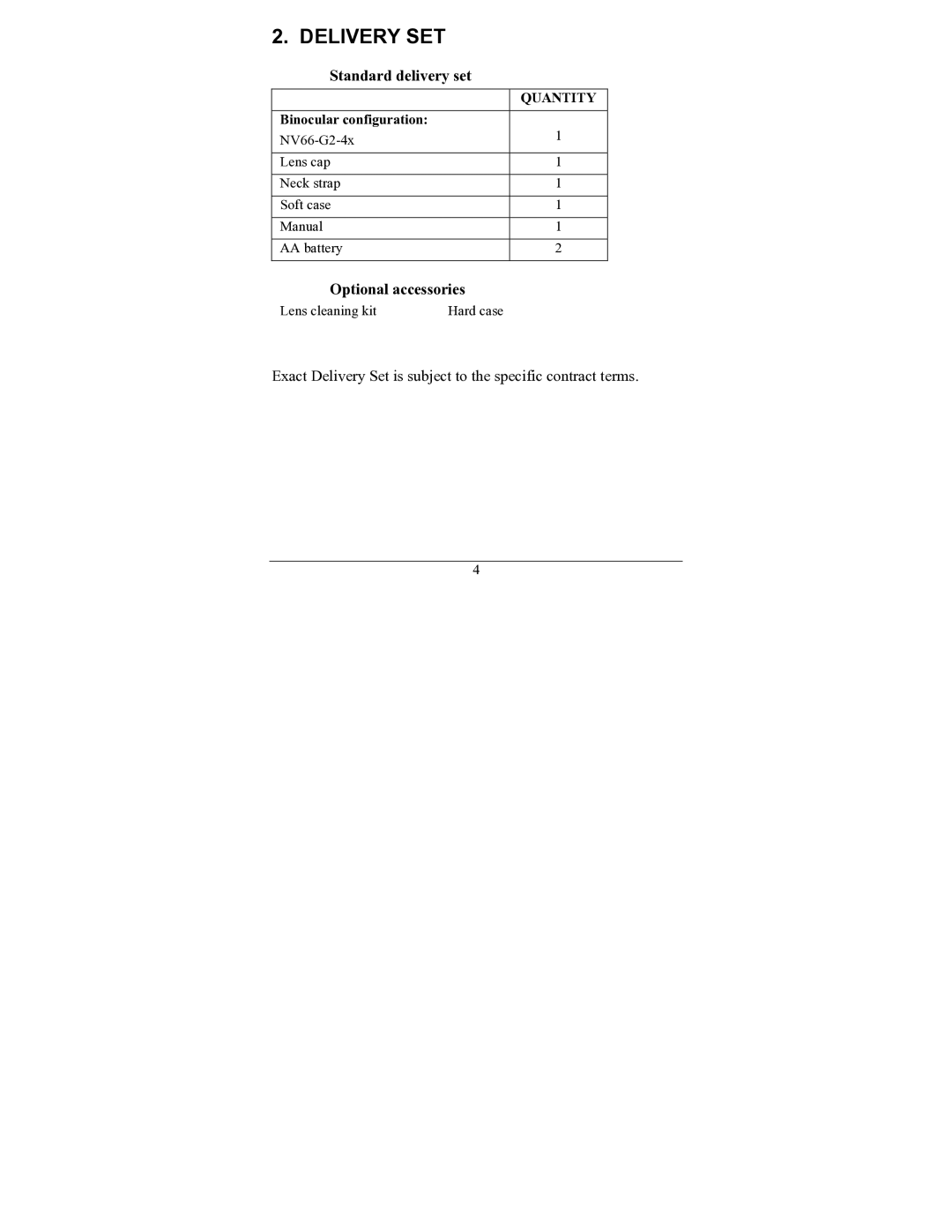 Newcon Optik NV66-G2-4x operation manual Delivery SET, Standard delivery set, Optional accessories 