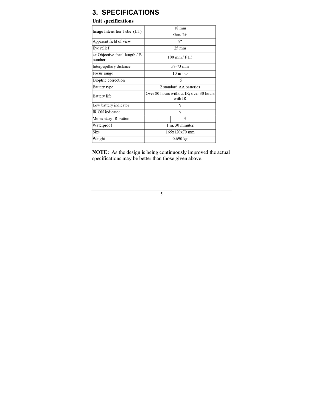 Newcon Optik NV66-G2-4x operation manual Specifications, Unit specifications 