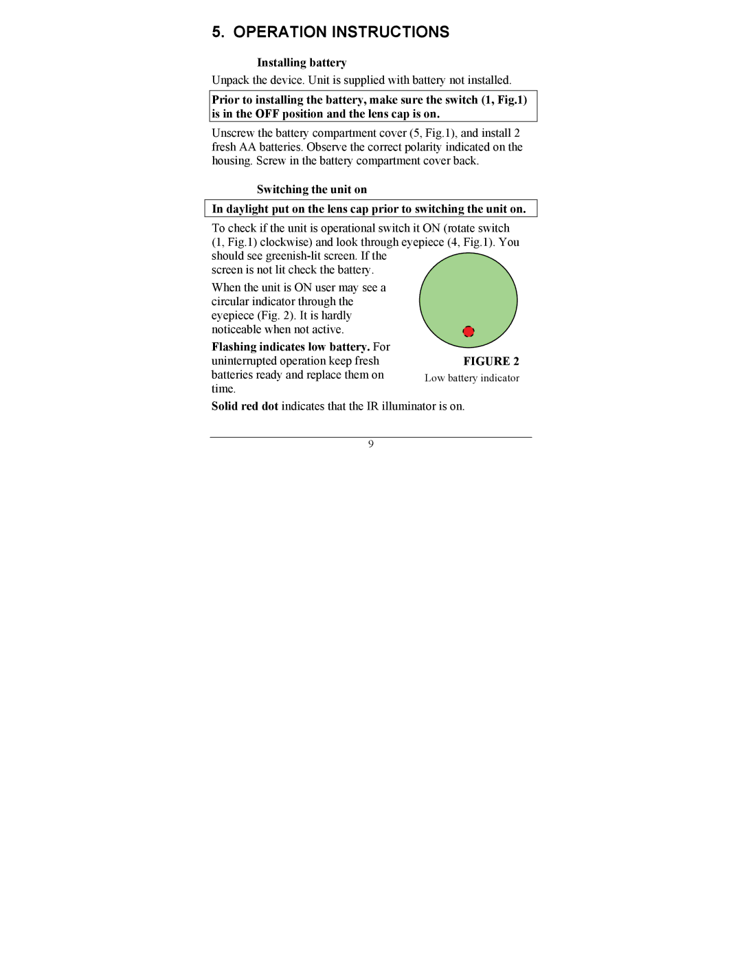 Newcon Optik NV66-G2-5x operation manual Operation Instructions, Installing battery 