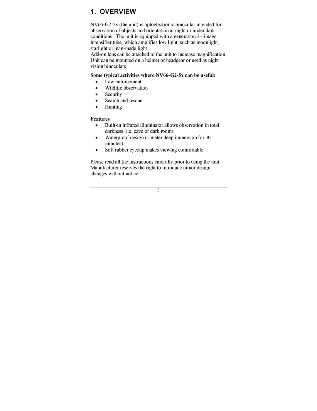 Newcon Optik operation manual Overview, Some typical activities where NV66-G2-5x can be useful, Features 