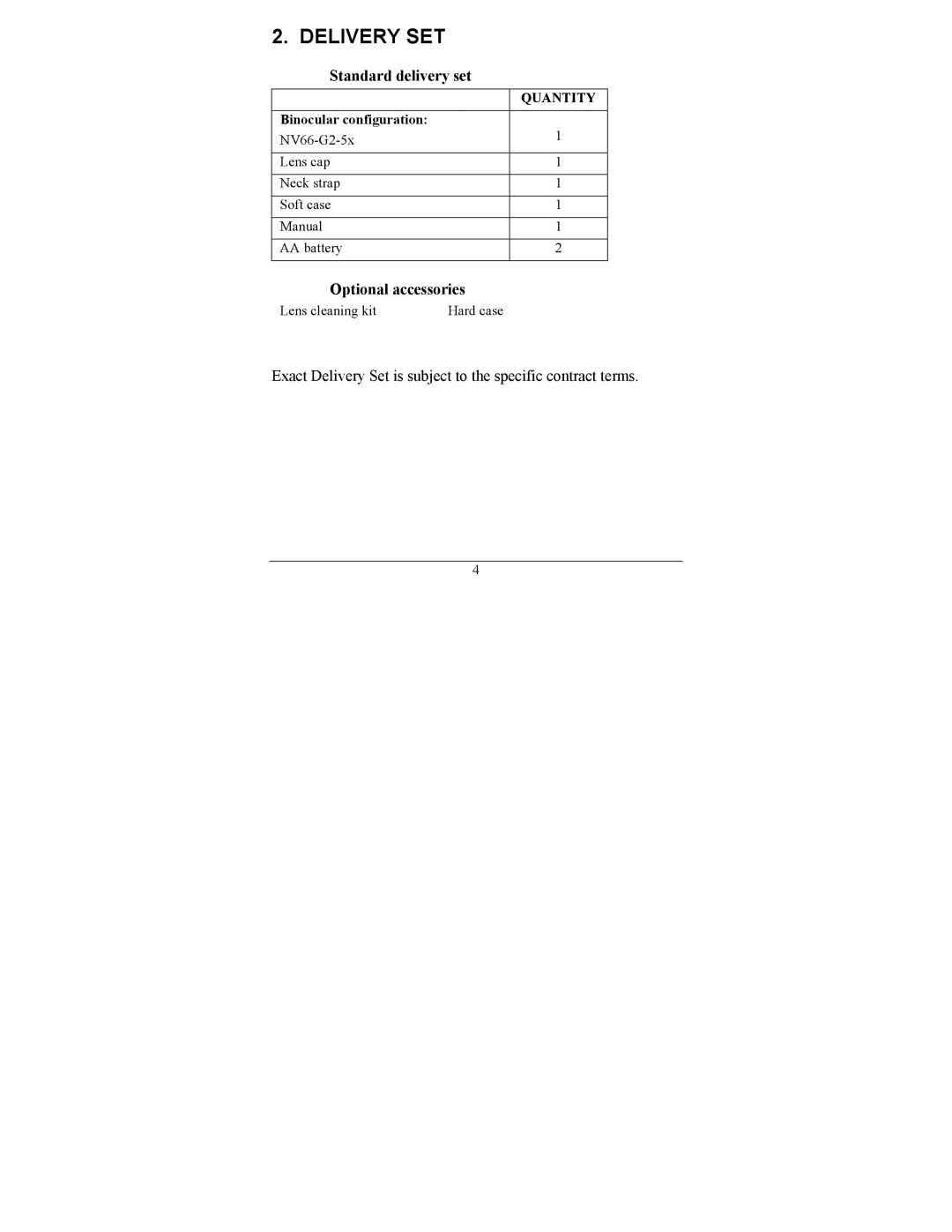 Newcon Optik NV66-G2-5x operation manual Delivery SET, Standard delivery set, Optional accessories 