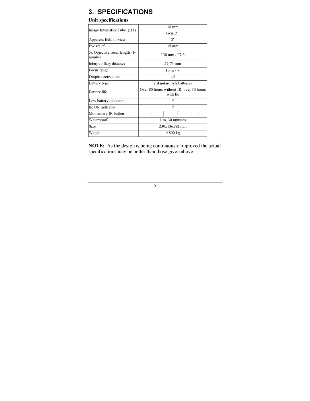 Newcon Optik NV66-G2-5x operation manual Specifications, Unit specifications 