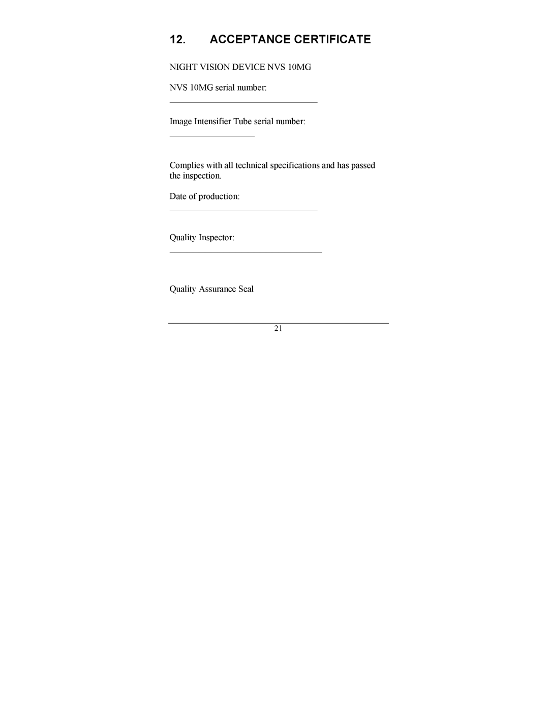 Newcon Optik operation manual Acceptance Certificate, Night Vision Device NVS 10MG 