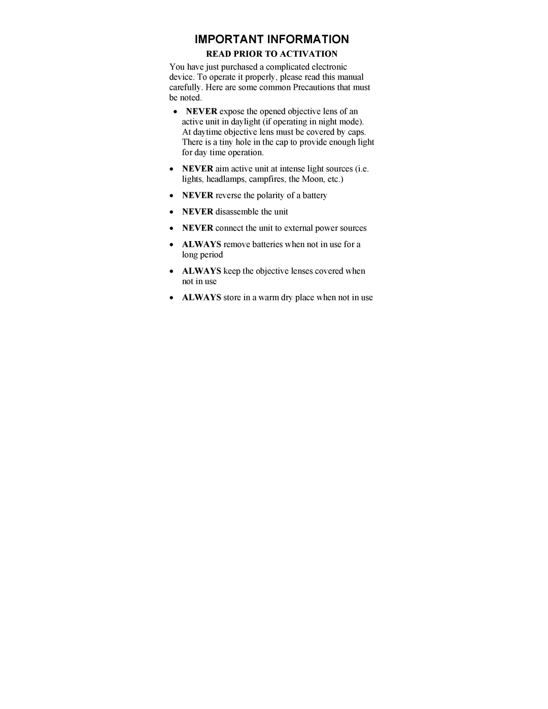 Newcon Optik NVS 10MG operation manual Important Information, Read Prior to Activation 