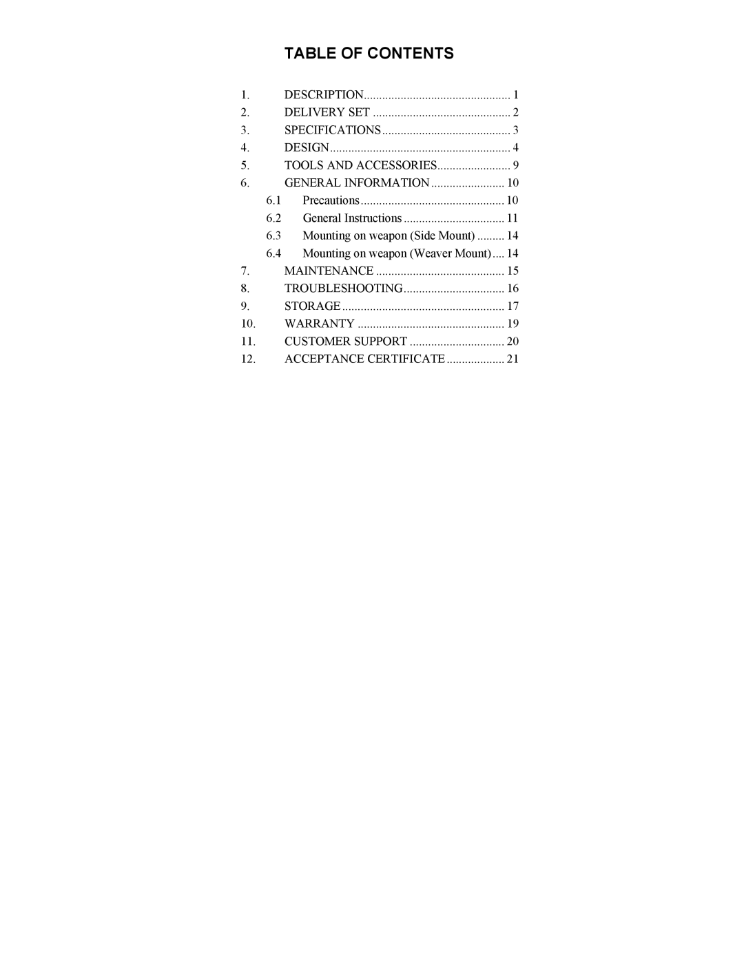 Newcon Optik NVS 10MG operation manual Table of Contents 