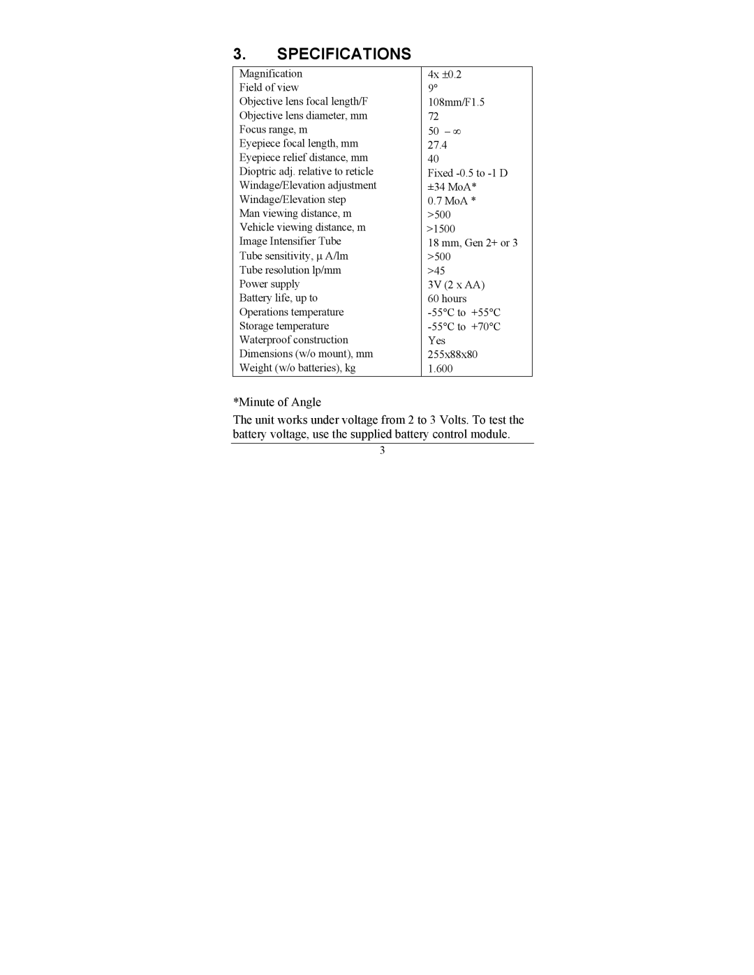 Newcon Optik NVS 10MG operation manual Specifications 