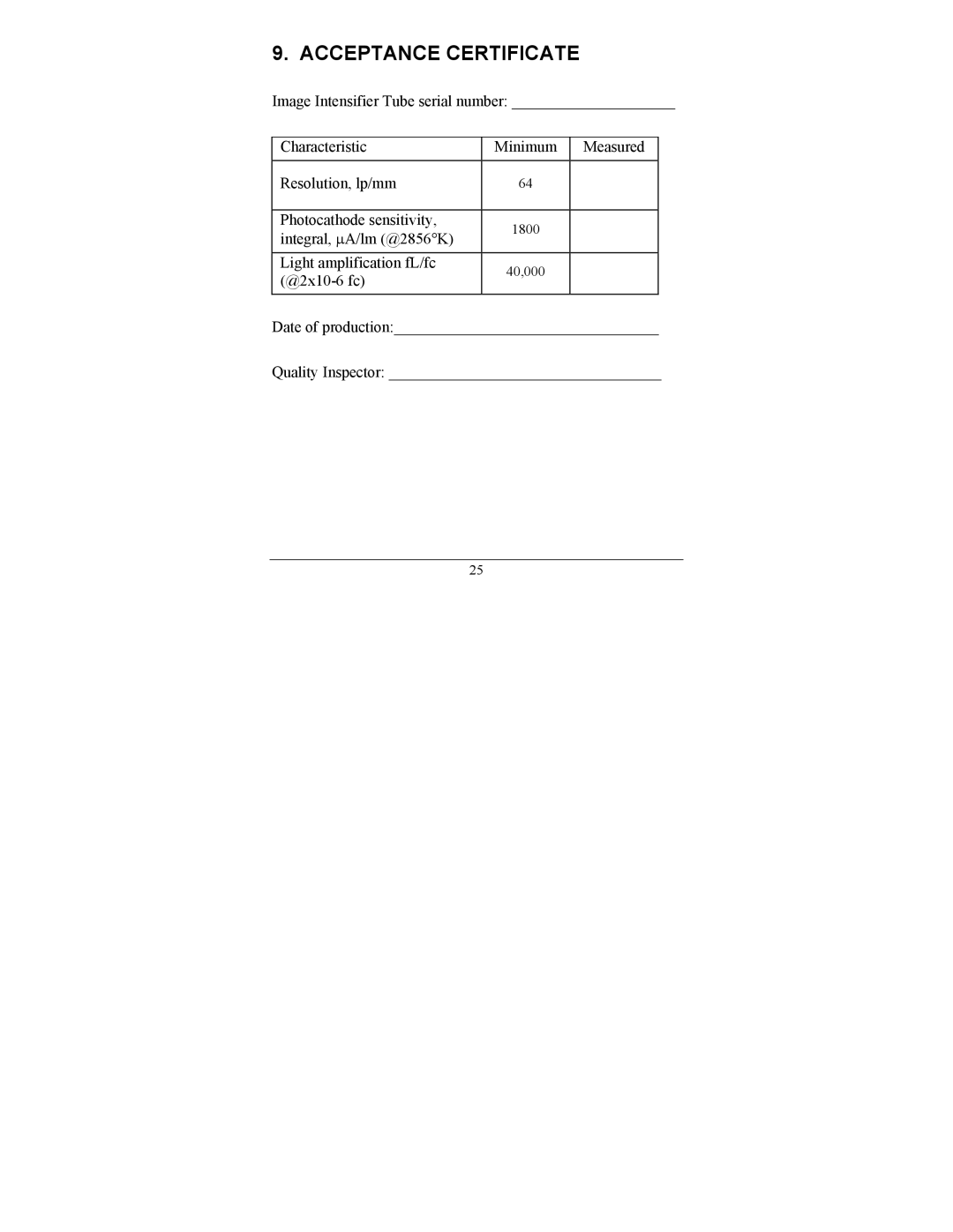 Newcon Optik NVS 14-3XT, NVS 14-3GCS, NVS 14-3AGBW operation manual Acceptance Certificate 