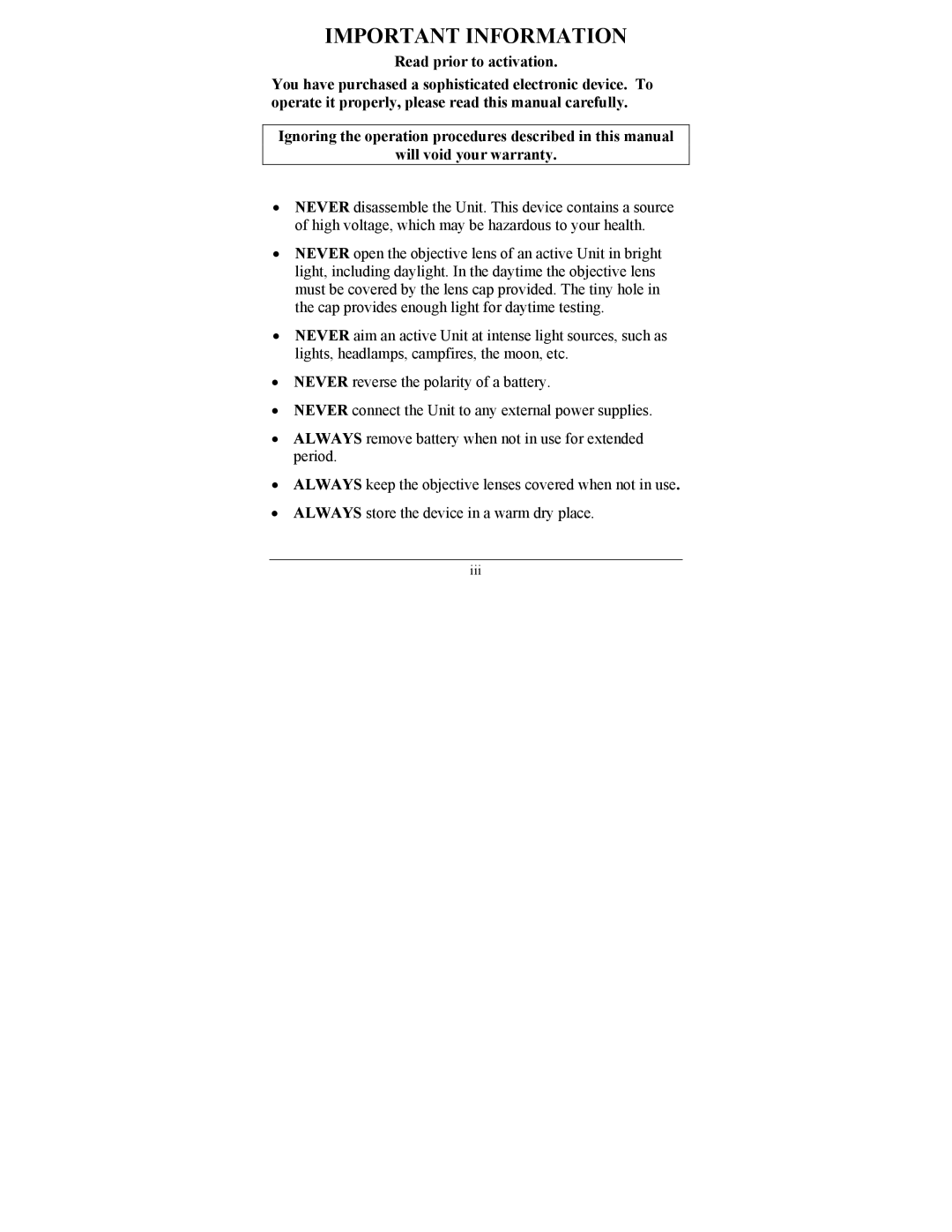 Newcon Optik NVS 14-3AGBW, NVS 14-3GCS, NVS 14-3XT operation manual Important Information 