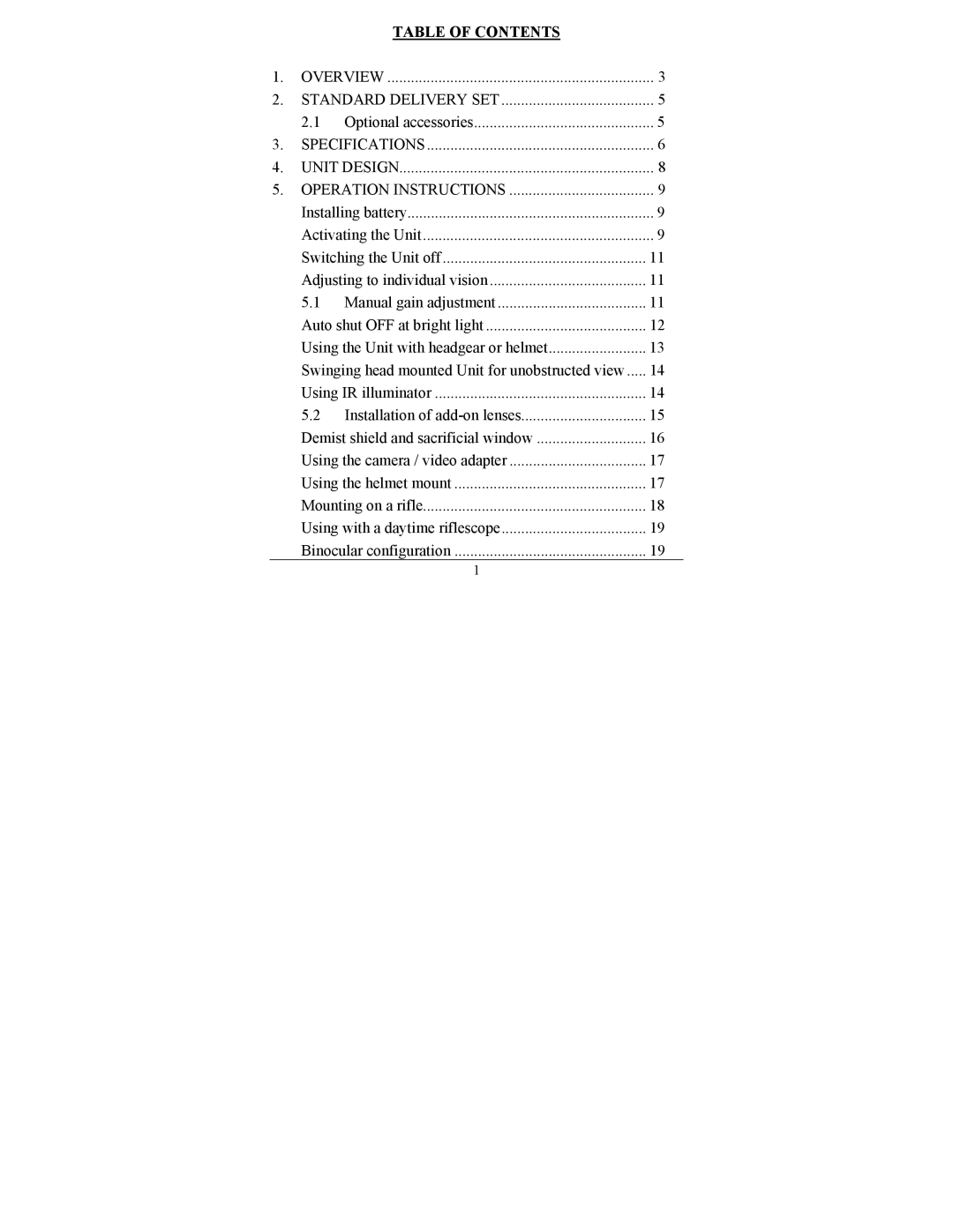 Newcon Optik NVS 14-3XT, NVS 14-3GCS, NVS 14-3AGBW operation manual Table of Contents 