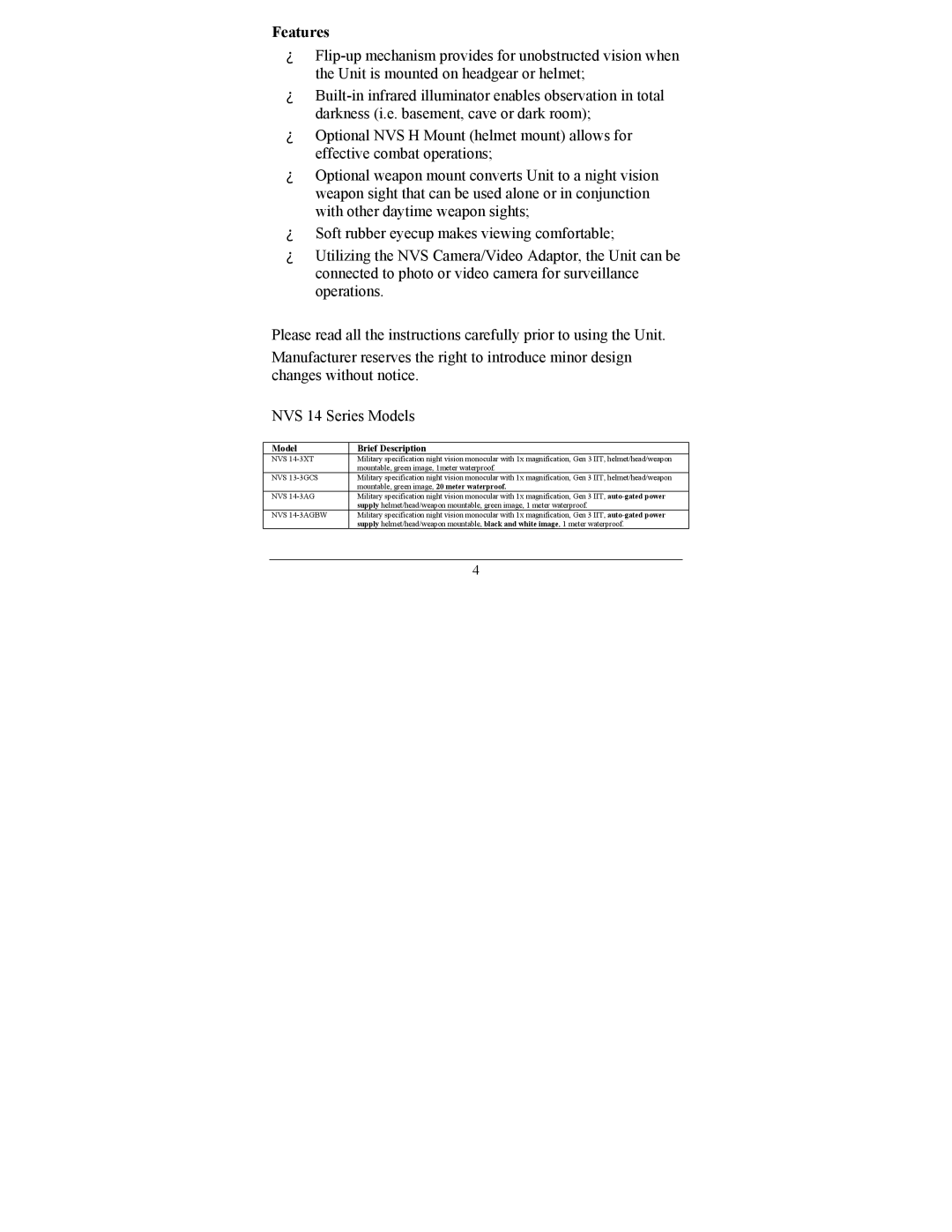 Newcon Optik NVS 14-3GCS, NVS 14-3XT, NVS 14-3AGBW operation manual Features, Model Brief Description 