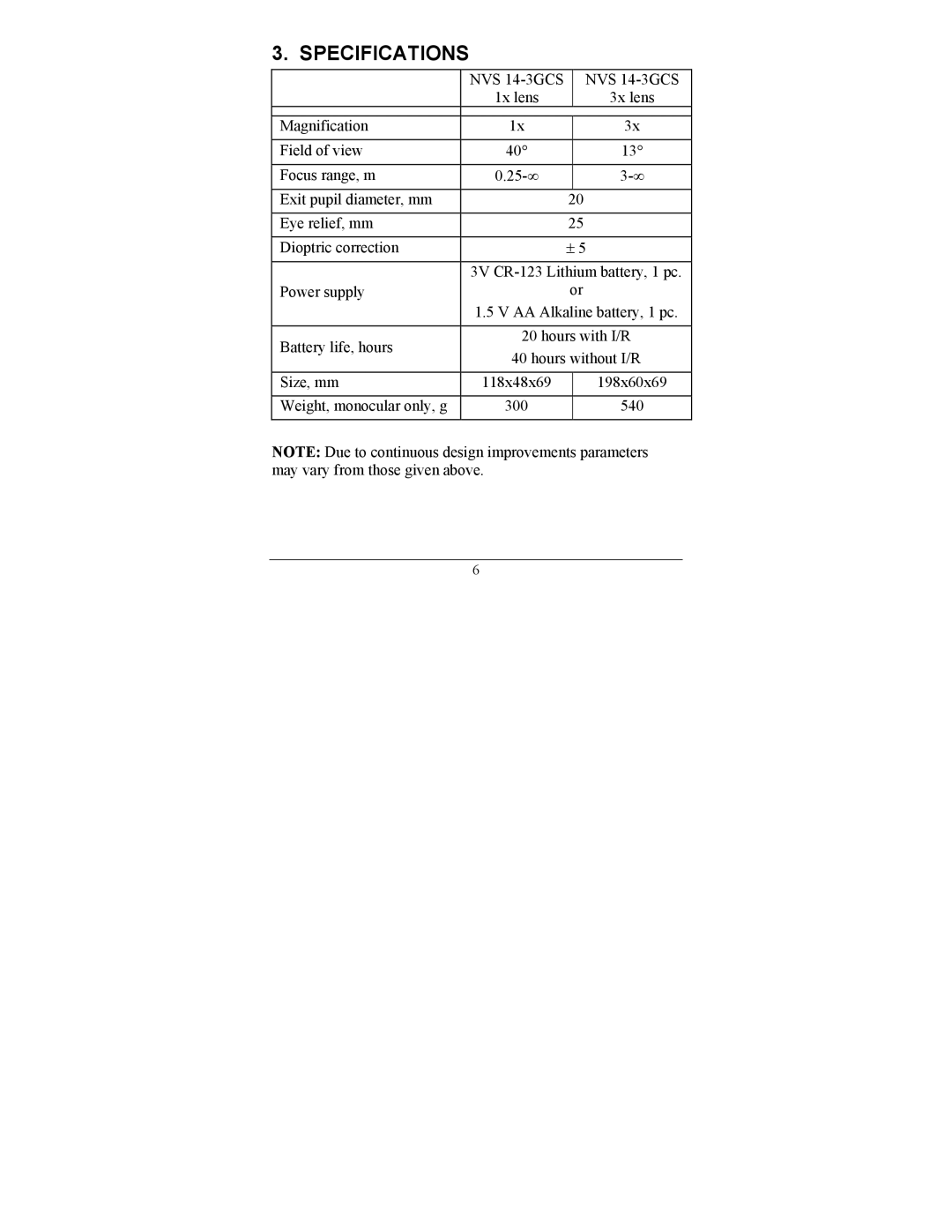 Newcon Optik NVS 14-3GCS operation manual Specifications 