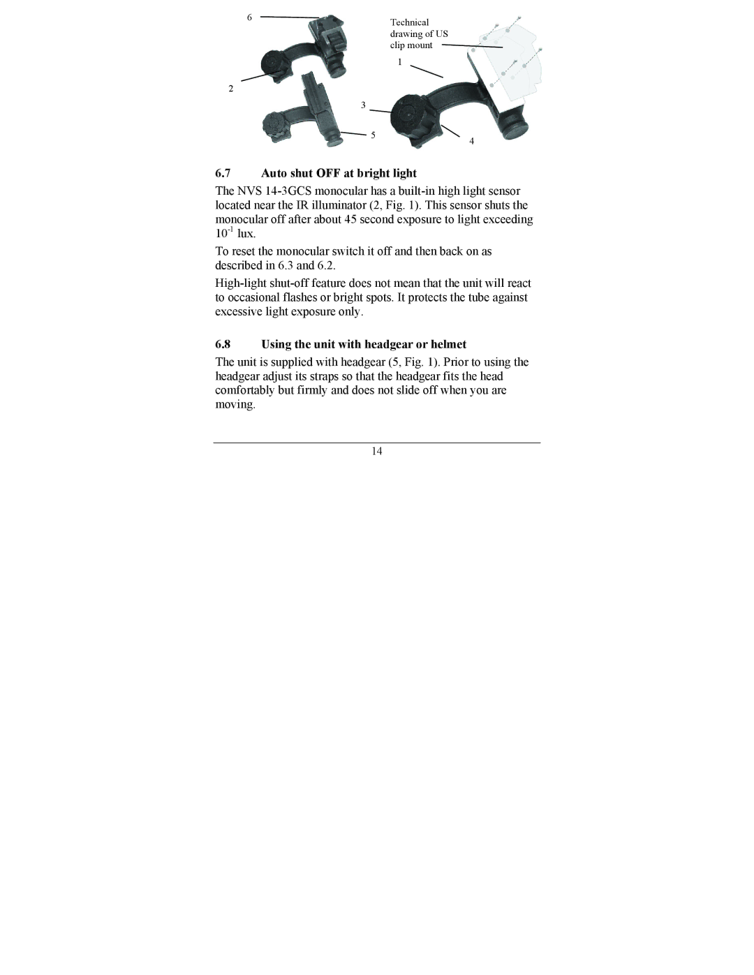 Newcon Optik NVS 14-3GCS operation manual Auto shut OFF at bright light, Using the unit with headgear or helmet 