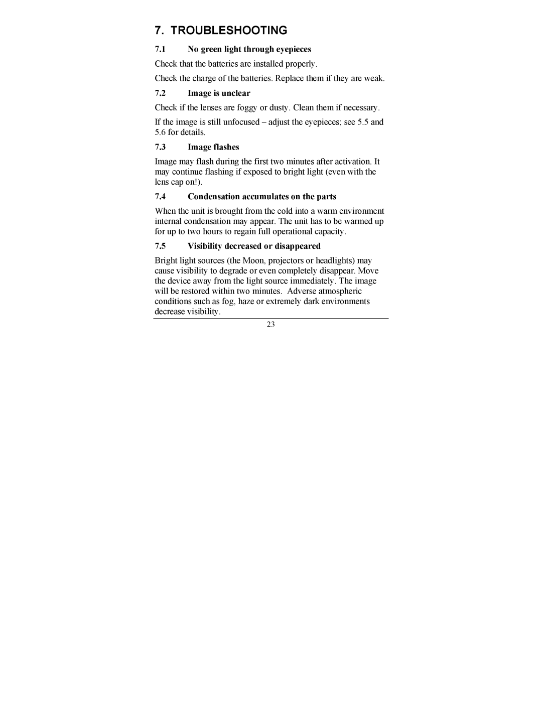 Newcon Optik NVS 14-3GCS Troubleshooting, Image is unclear, Image flashes, Condensation accumulates on the parts 