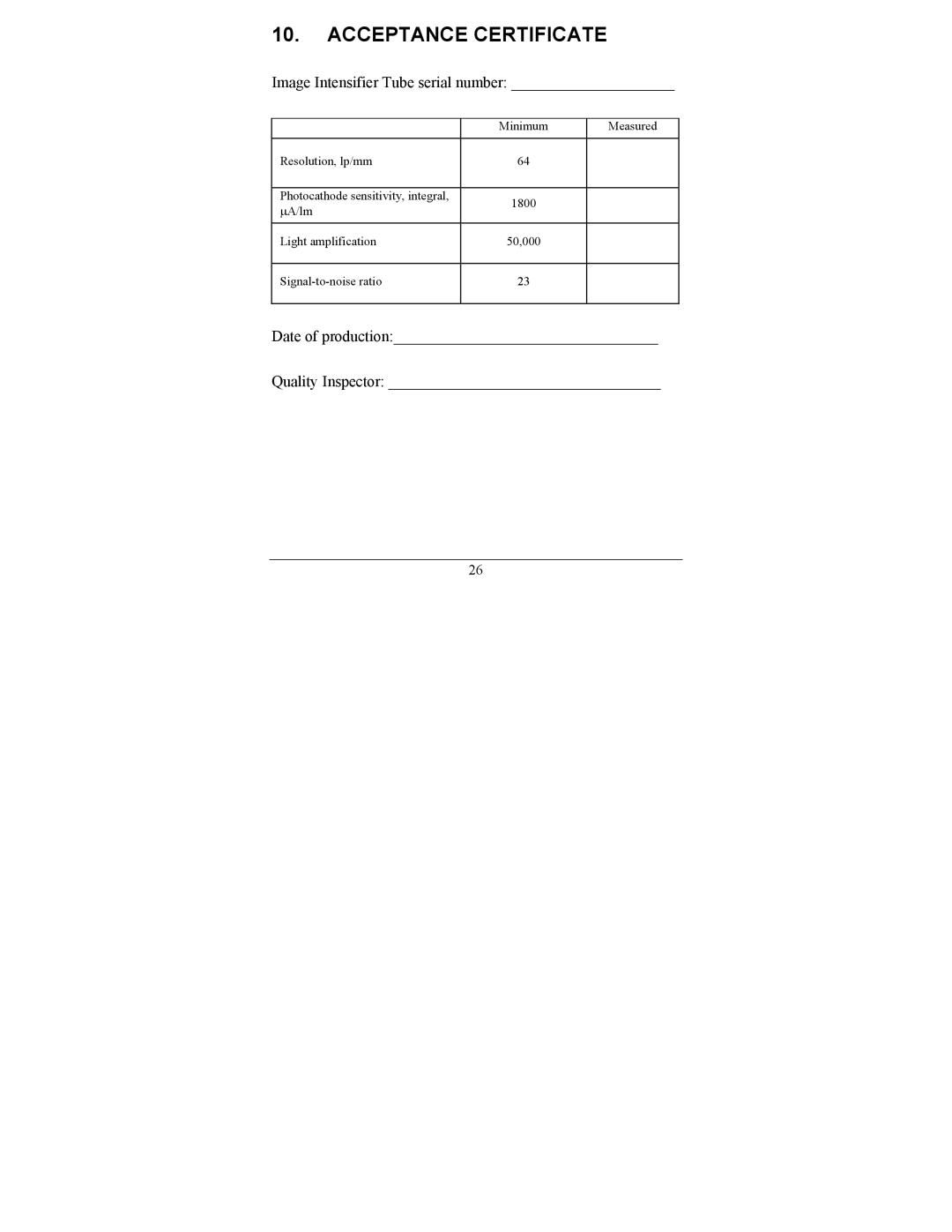 Newcon Optik NVS 14-3GCS operation manual Acceptance Certificate, Image Intensifier Tube serial number 