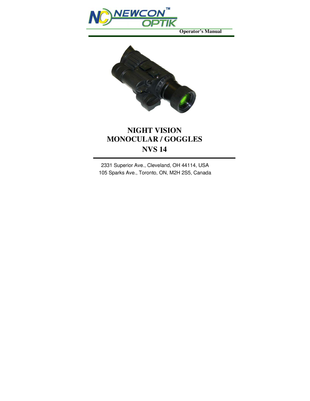 Newcon Optik Night Vision Monocular/Goggles, NVS 14 manual Night Vision Monocular / Goggles, Operator’s Manual 