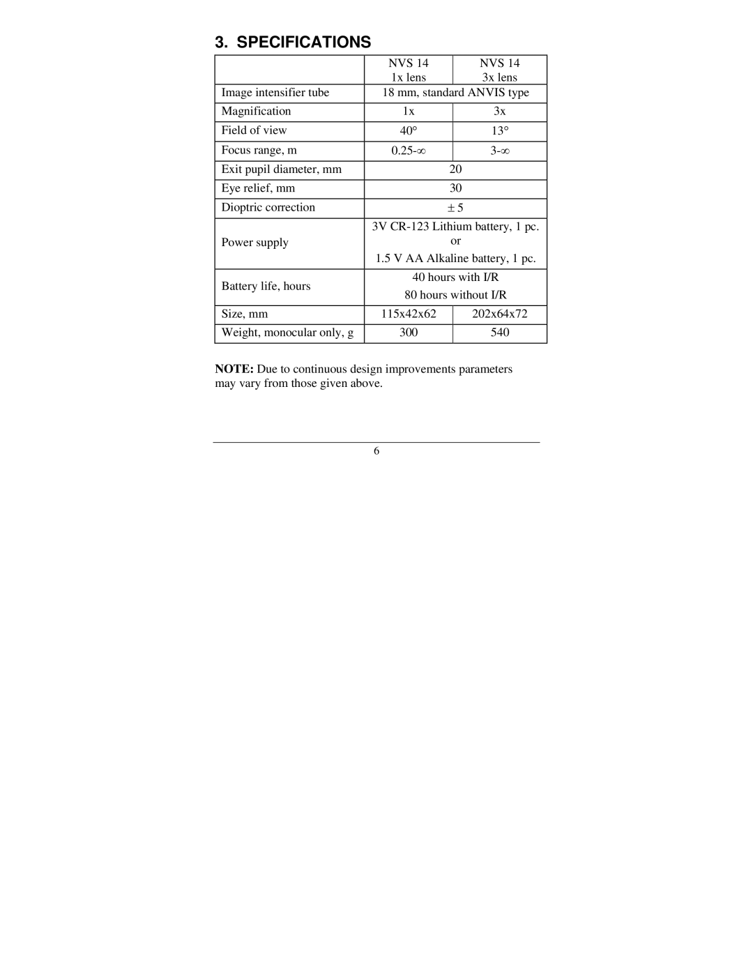 Newcon Optik NVS 14, Night Vision Monocular/Goggles manual Specifications 