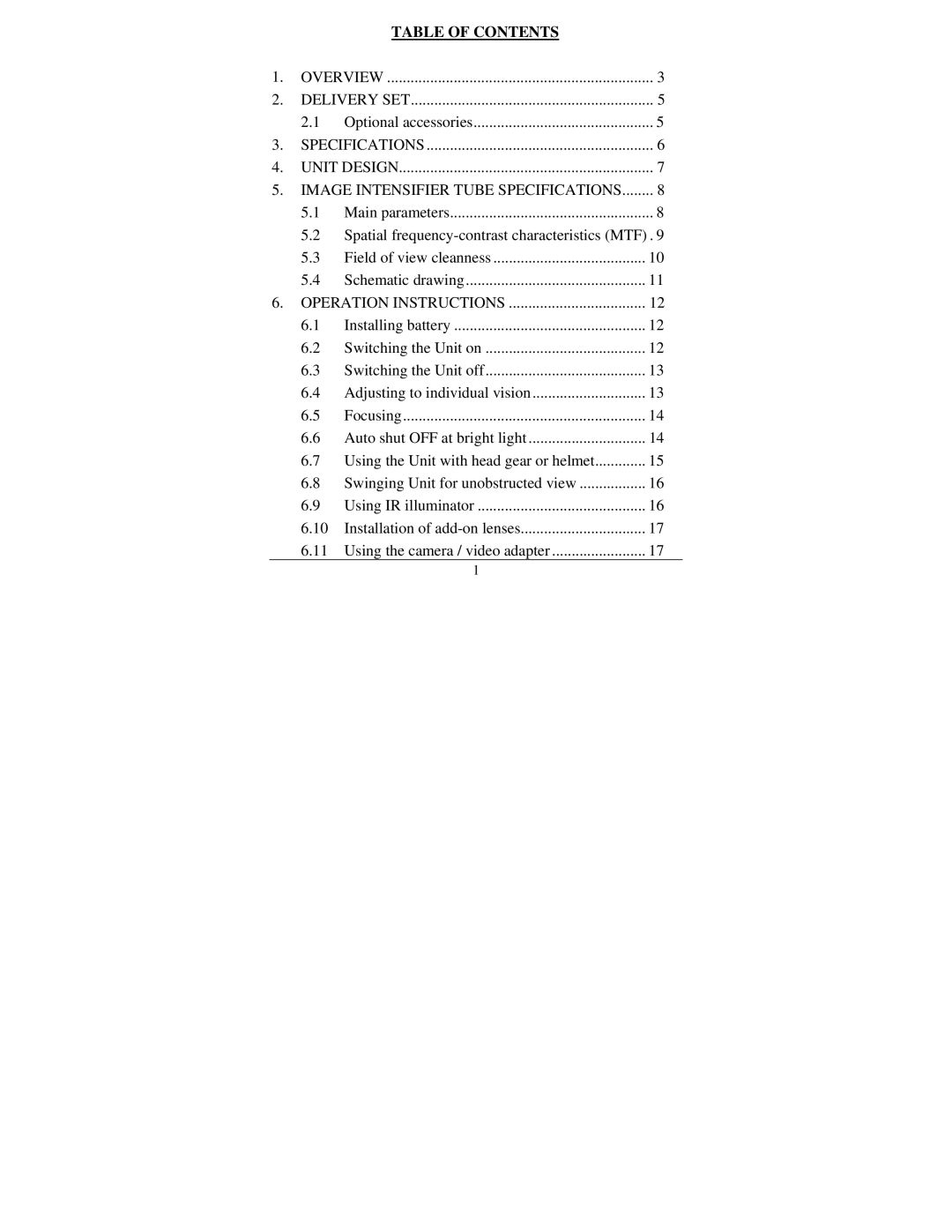 Newcon Optik Night Vision Monocular/Goggles, NVS 14 manual Table of Contents 