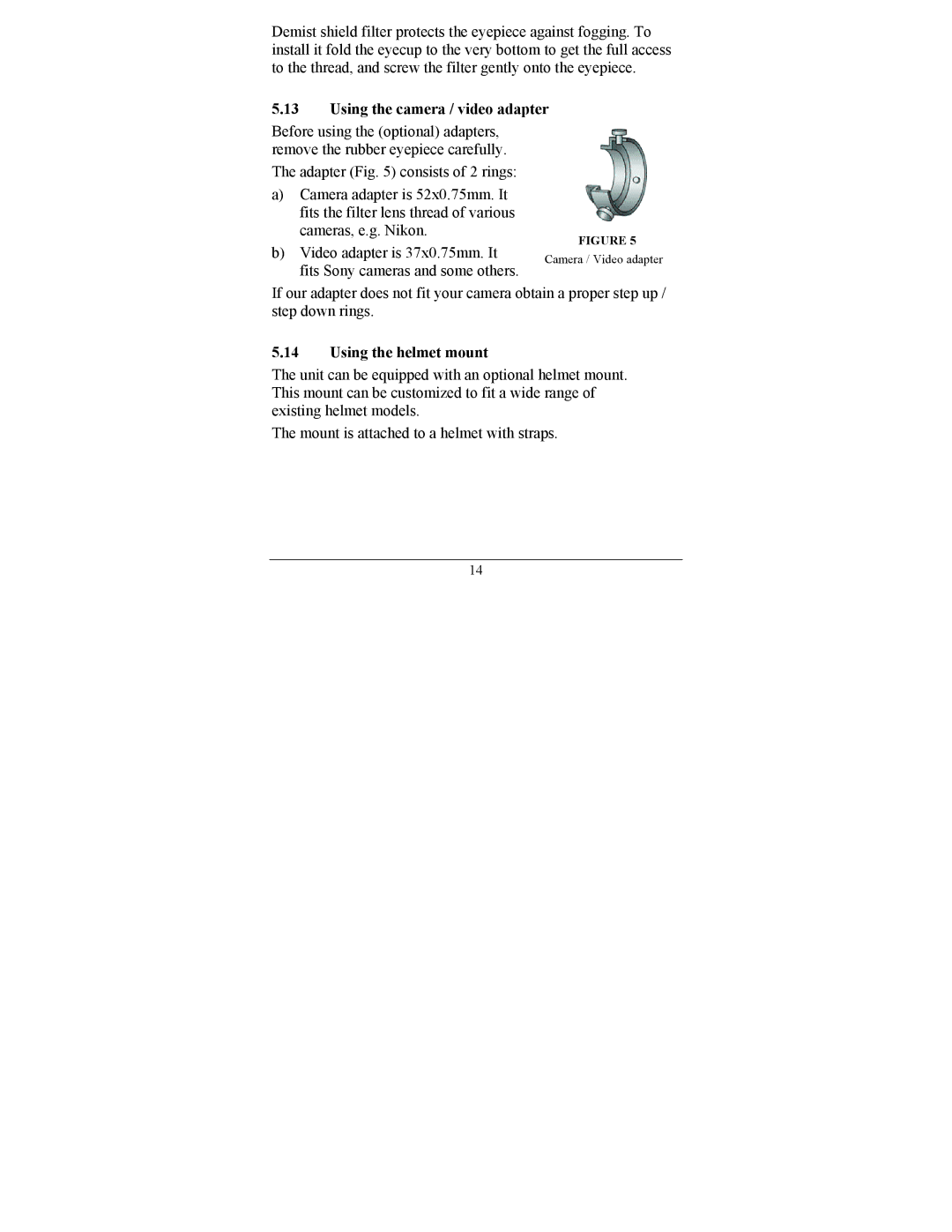 Newcon Optik NVS 15 operation manual Using the camera / video adapter, Using the helmet mount 