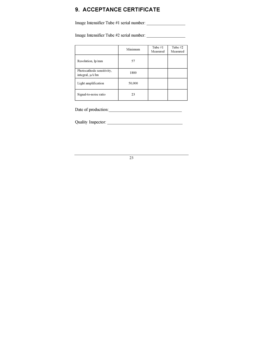 Newcon Optik NVS 15 operation manual Acceptance Certificate 