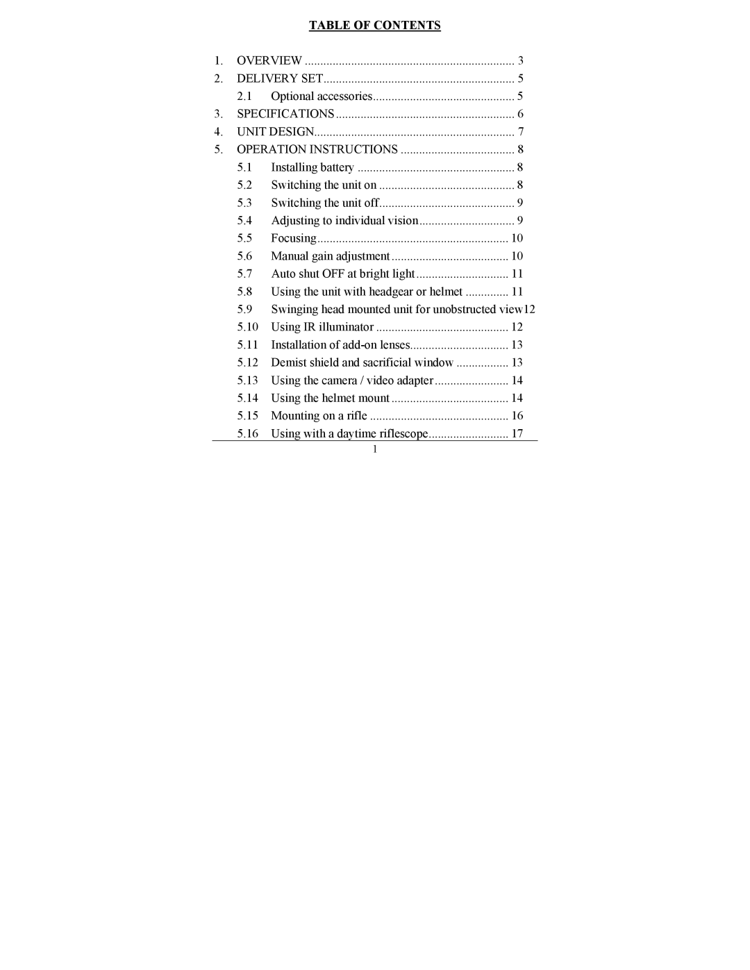 Newcon Optik NVS 15 operation manual Table of Contents 