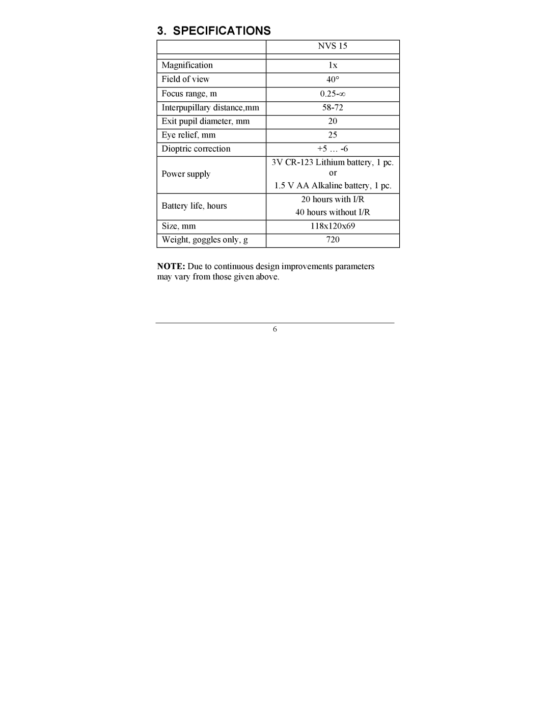 Newcon Optik NVS 15 operation manual Specifications 