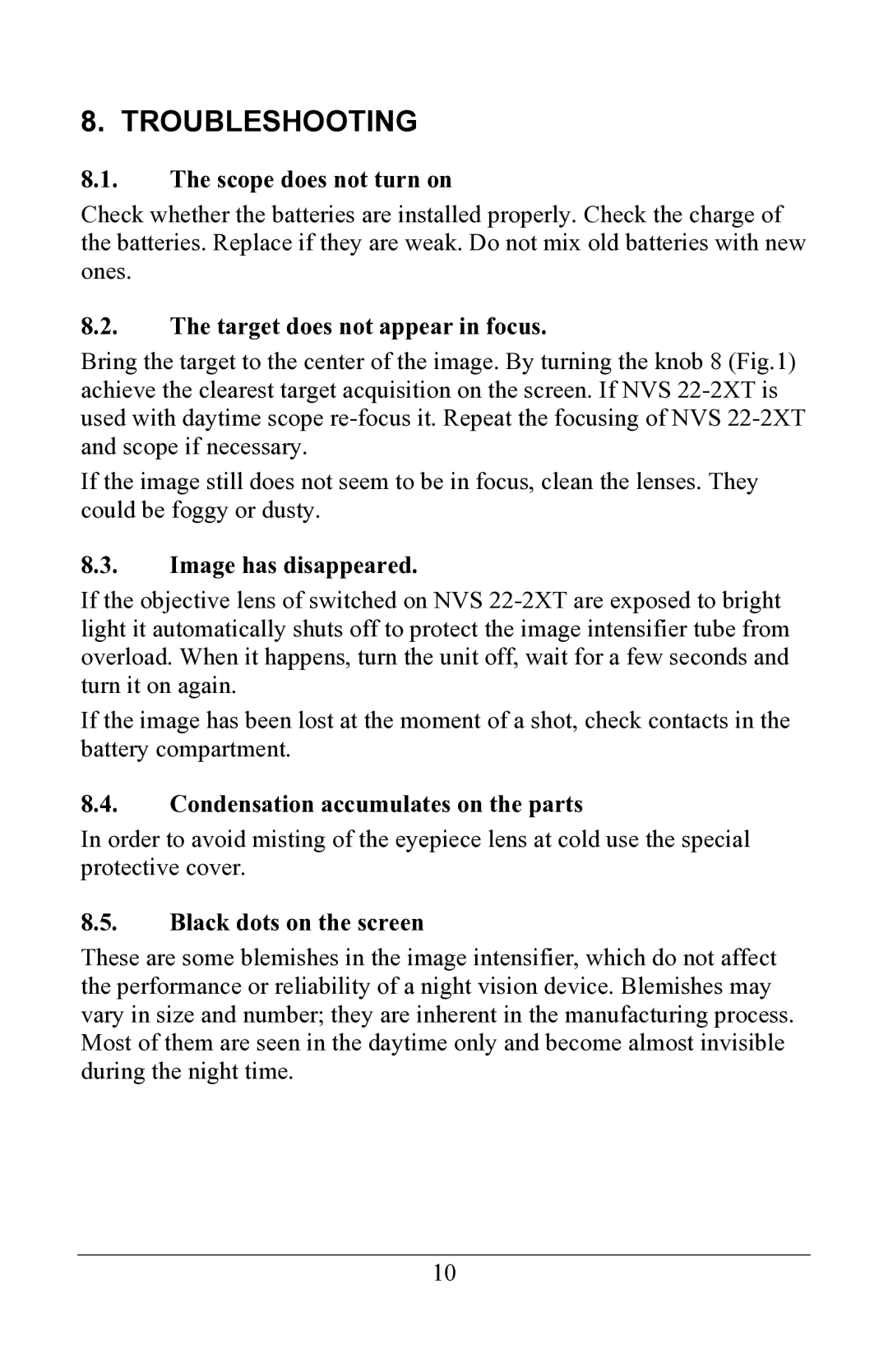 Newcon Optik NVS 22-2XT operation manual Troubleshooting, Scope does not turn on 